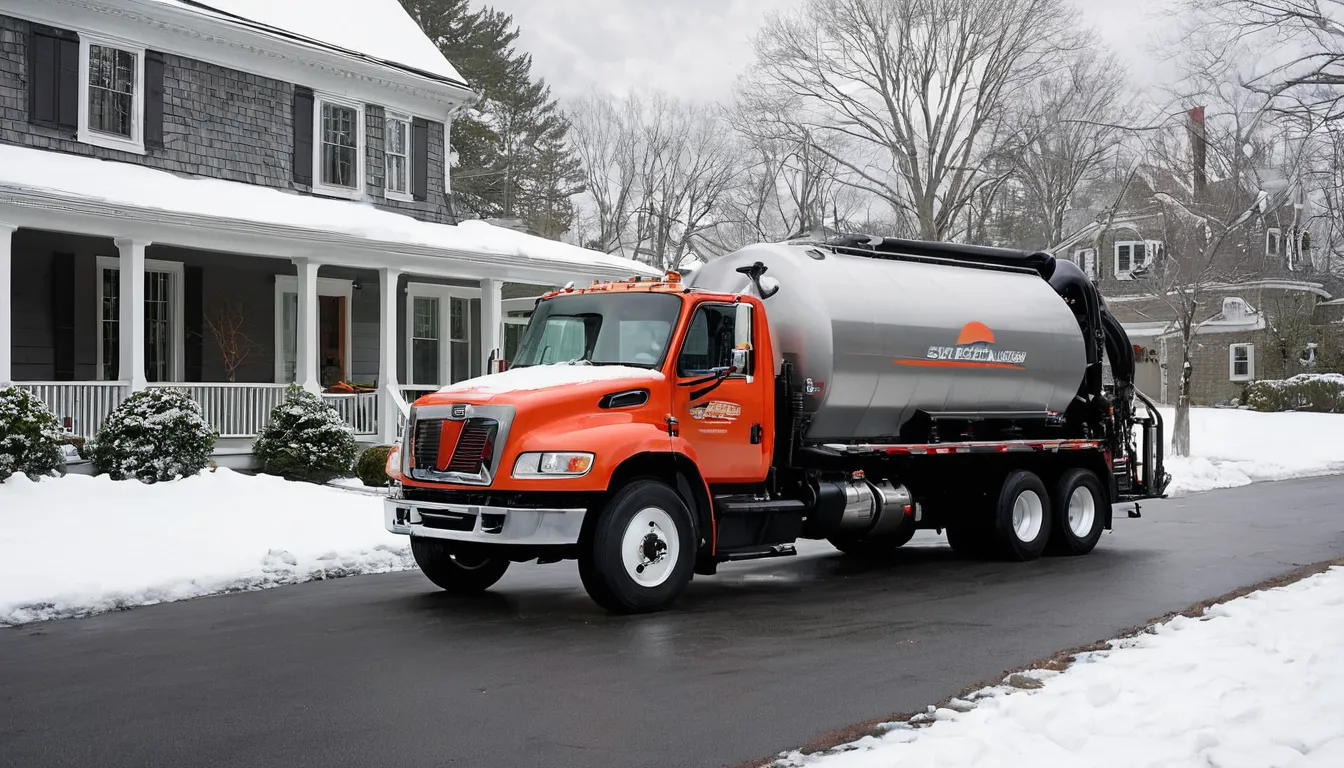 A septic service truck parked beside a snowy home in Glassboro
