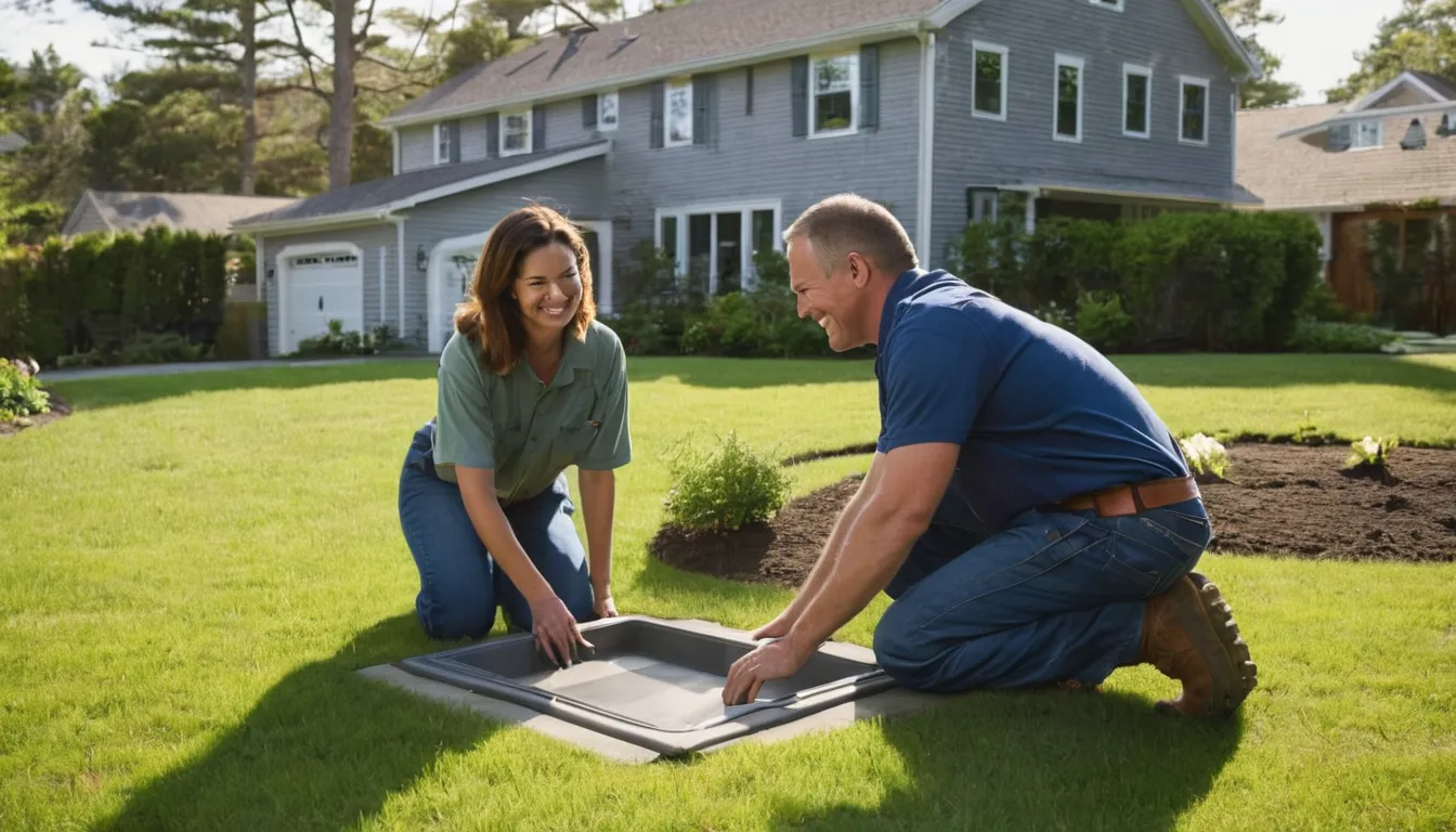 Friendly septic provider showing a homeowner the lid of an underground septic tank in a yard in the Glassboro area