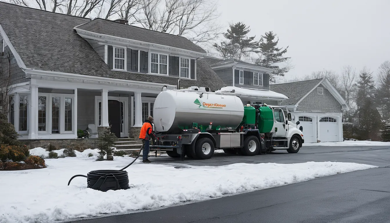 A septic pumping truck parked beside a snowy home in the Glassboro area while a provider checks the tank lid